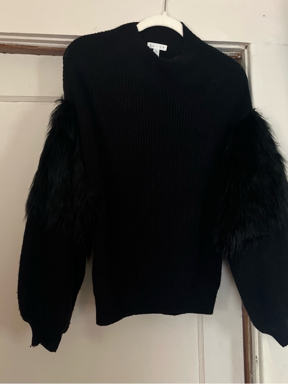 Leith Black Faux-Fur Sleeve Crewneck Sweater